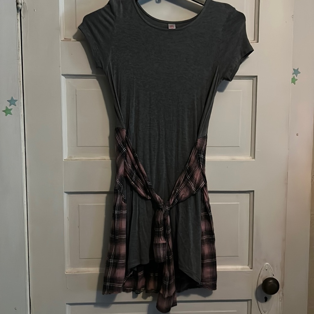 Justice, 14/16, Grey T-Shirt Dress with Faux wrapped Flannel Sweater.